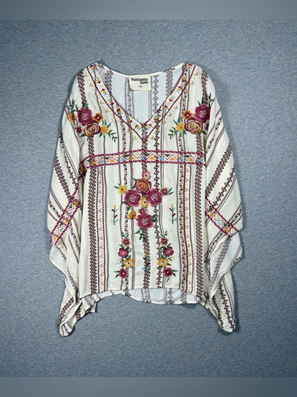 Savanna Jane Floral Embroidered Poncho Top Size S/M V-Neck Colorful Bohemian